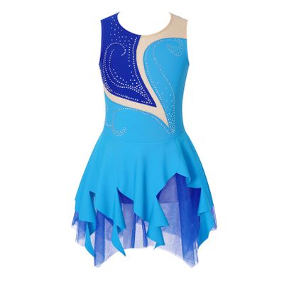 Agoky Figure Ice Skating Dress for Girls Sparkle Ballet Leotard Tutu Skirt Leotard Roller Skater Gymnastic Bodysuit Blue 10 Years