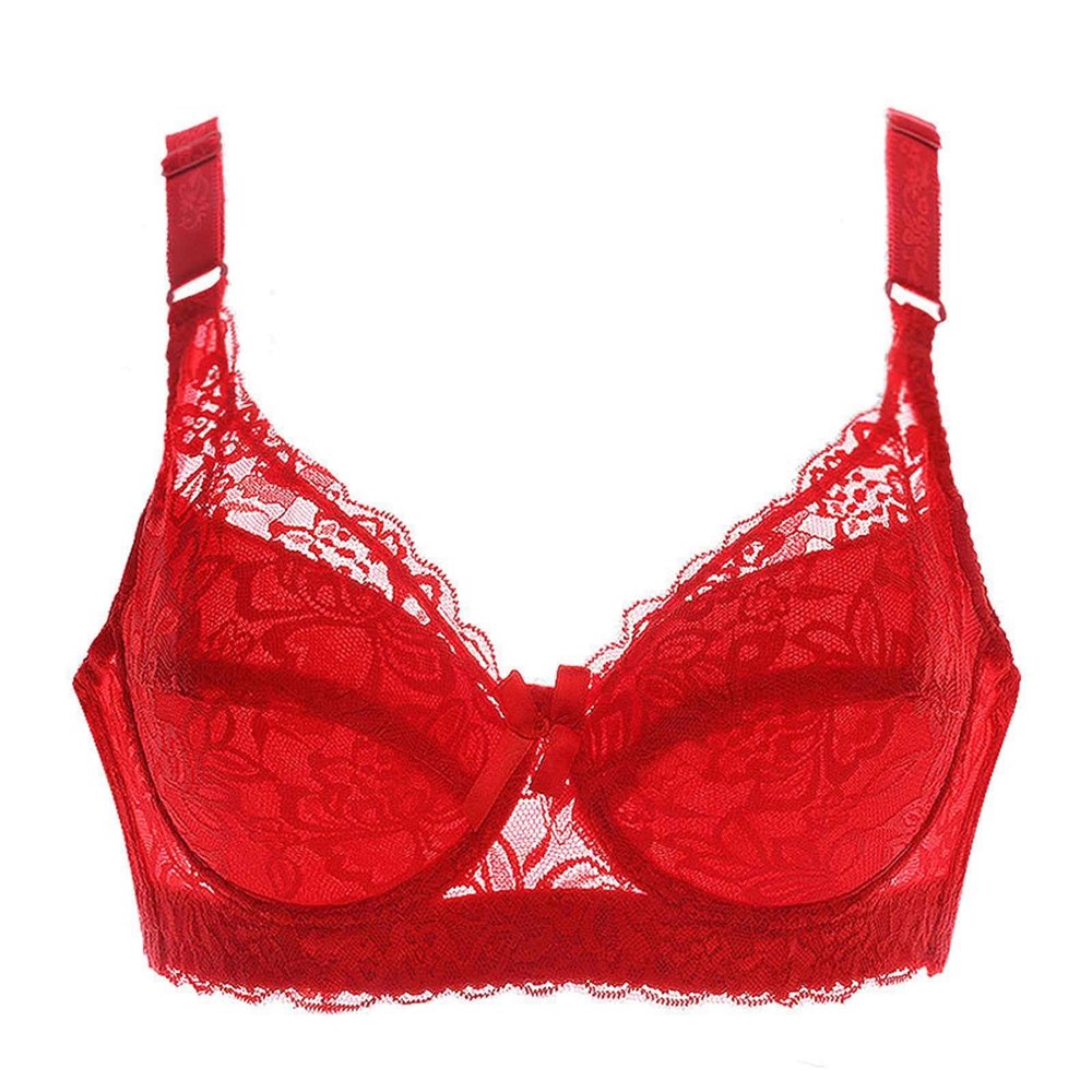 Deep V Bras Sexy Thin lace Cup Surface Ultra Thin Lining Breathable New Perspective Bra Embroidery Floral Bralette Plus Size (Size : 42B, Color : red)
