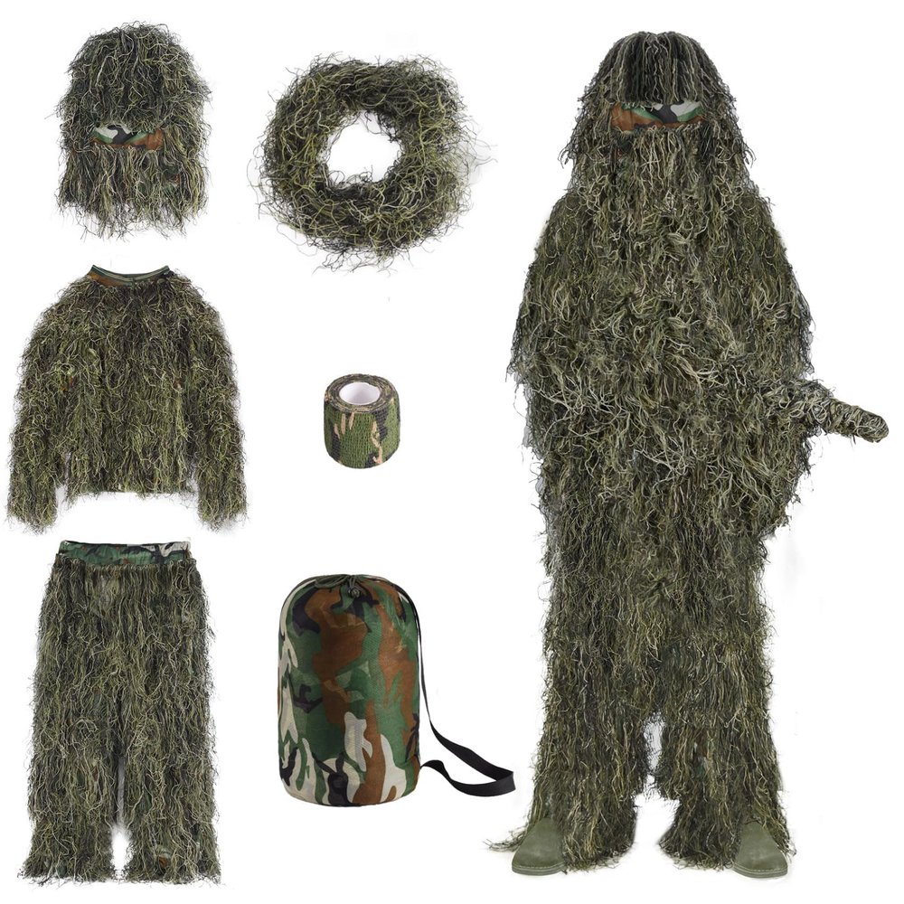 Slendor 6 in 1 Ghillie Suit, 3D Camouflage Apparel Camo Halloween Clothes, Bushman Costume Suitable for Unisex Adults/Youth (S/M/L/XL/XXL)