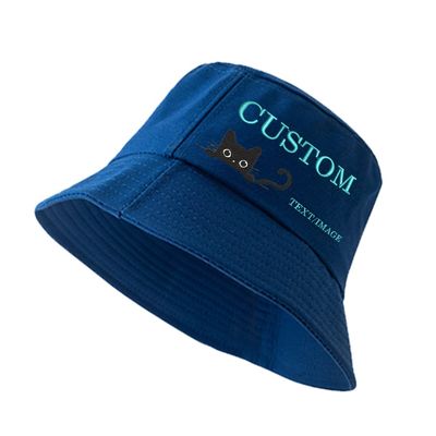 Meow Cute Black Cat Wholesale Custom Bucket Hats for Womens Pets Funny Outdoor Blue
