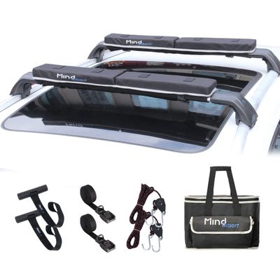 Universal Car Soft Roof Rack for Kayak/Canoe/Surfboard/SUP/Snowboard,Roof Rack Pads Carrier System Include 2 16FT Tie Down Straps,2 Ratchet Pulley Ropes,2 Hood Loops and Storage Bag with Crossbar