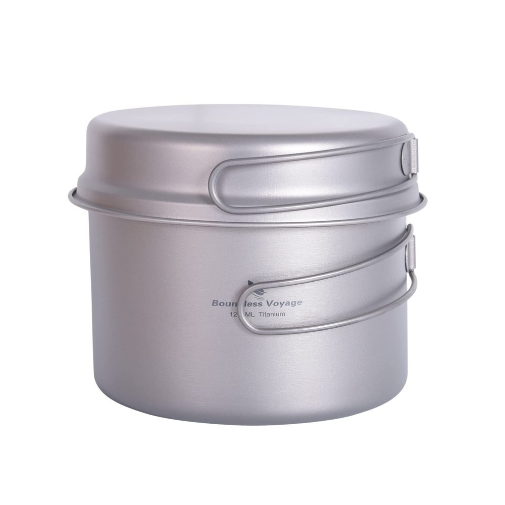 iBasingo Ultralight Titanium Camping Cookware Set 1200ml Pot & 500ml Pan with Folding Handle Compact Backpacking Pots Portable Camping Cookware for Solo Hikers, Outdoor Cooking & Travel Ti2110C