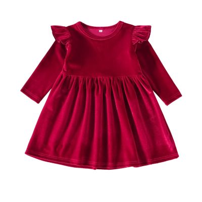 Vintage Princess Toddler Baby Flower Girls Long Sleeve Velvet Ruffle Tutu Dress Christmas Holiday Birthday Party Wedding Dresses for Kids Evening Casual Fall Winter Clothes Outfit Red 9-12 Months