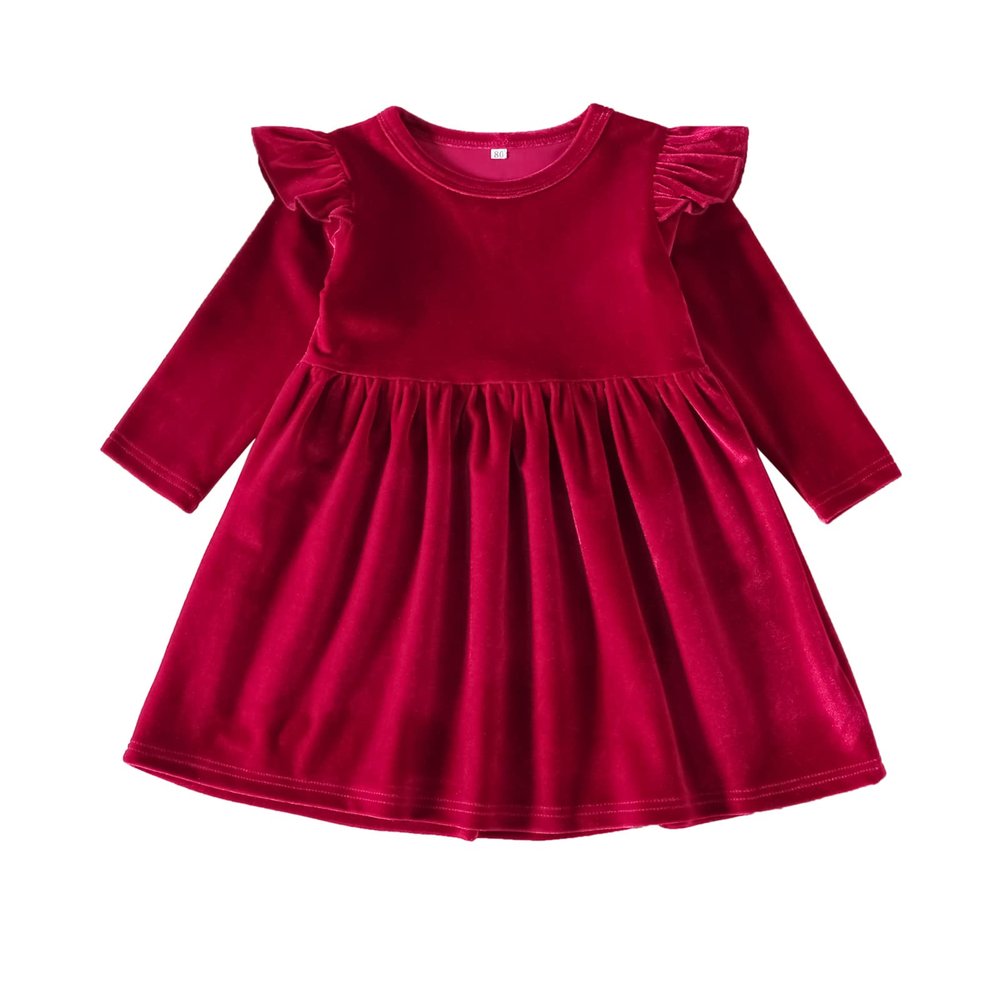 Vintage Princess Toddler Baby Flower Girls Long Sleeve Velvet Ruffle Tutu Dress Christmas Holiday Birthday Party Wedding Dresses for Kids Evening Casual Fall Winter Clothes Outfit Red 9-12 Months