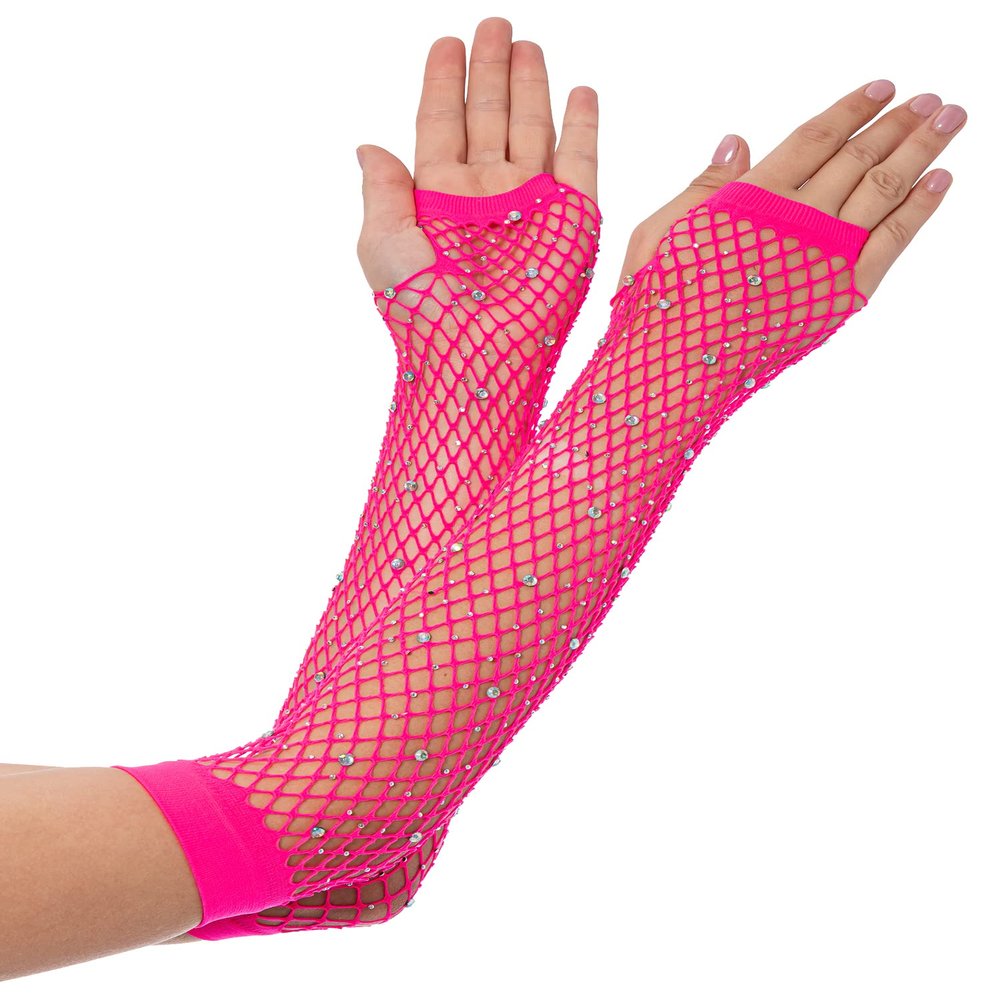 Lastclream Rhinestone Fingerless Sleeves for Women Fishnet Arm Sleeve 80s Party Costume Accessories Mesh Gloves (Hot Pink)