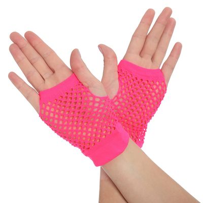 Lastclream 80s Short Fishnet Gloves for Women Cosplay Costume Party Accessories Fingerless Mesh Fishnet Glove (Hot Pink)