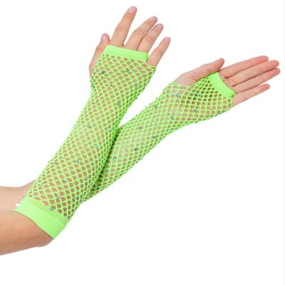 Lastclream Rhinestone Fingerless Sleeves for Women Fishnet Arm Sleeve 80s Party Costume Accessories Mesh Gloves (Green)