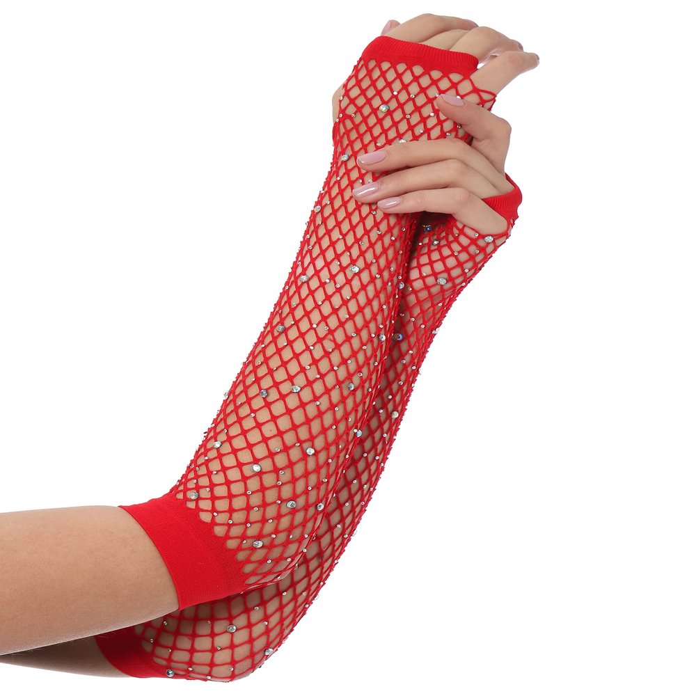 Lastclream Rhinestone Fingerless Sleeves for Women Fishnet Arm Sleeve 80s Party Costume Accessories Mesh Gloves (Red)
