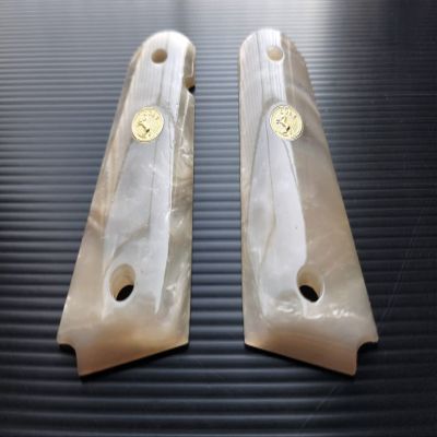 [BMPL] Pearl White Resin Gun Grips Compatible Replacement for 1911 Full Size, Government, Full Size Clones, Polyester,Gold Medallion,Thai Handmade