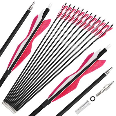 Carbon Arrow Practice Hunting Arrow 28Inch 30 Inch 31Inch Spine 500 with 5Inch Turkey Feather for Compound Bow Recurve Traditional Bow Longbow (Shaft Length 28 inch, 2 Pink 1 White)