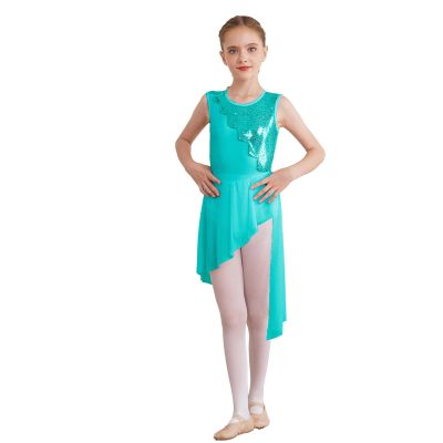 FEESHOW Girls Ballet Lyrical Dance Dress Shiny Sleeveless Cutout Back Leotard with High Low Skirt Dancing Costumes Mint Green 12 Years