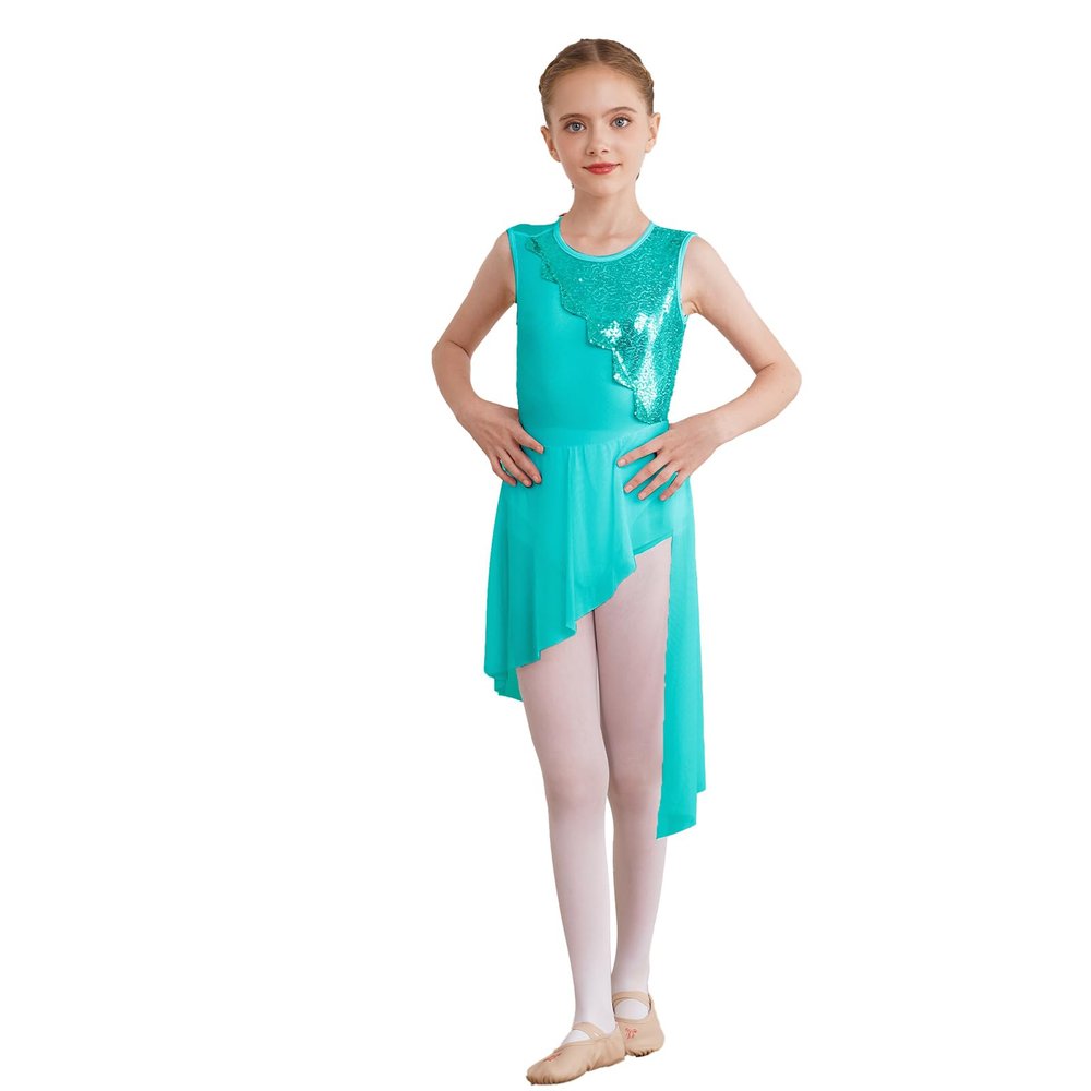 FEESHOW Girls Ballet Lyrical Dance Dress Shiny Sleeveless Cutout Back Leotard with High Low Skirt Dancing Costumes Mint Green 12 Years