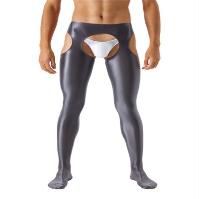 YiZYiF Men's 70D Glossy Compression Long Pants Hollow Out Tights Trousers Full-Length Pantyhose Dark Grey X-Large