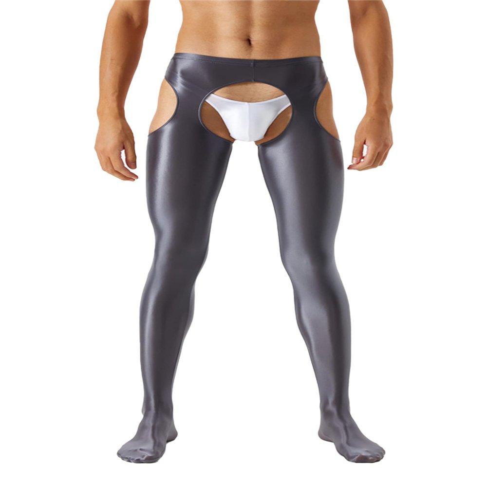 YiZYiF Men's 70D Glossy Compression Long Pants Hollow Out Tights Trousers Full-Length Pantyhose Dark Grey X-Large