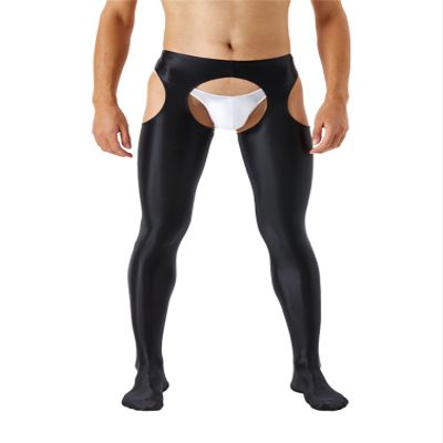 YiZYiF Men's 70D Glossy Compression Long Pants Hollow Out Tights Trousers Full-Length Pantyhose Black X-Large