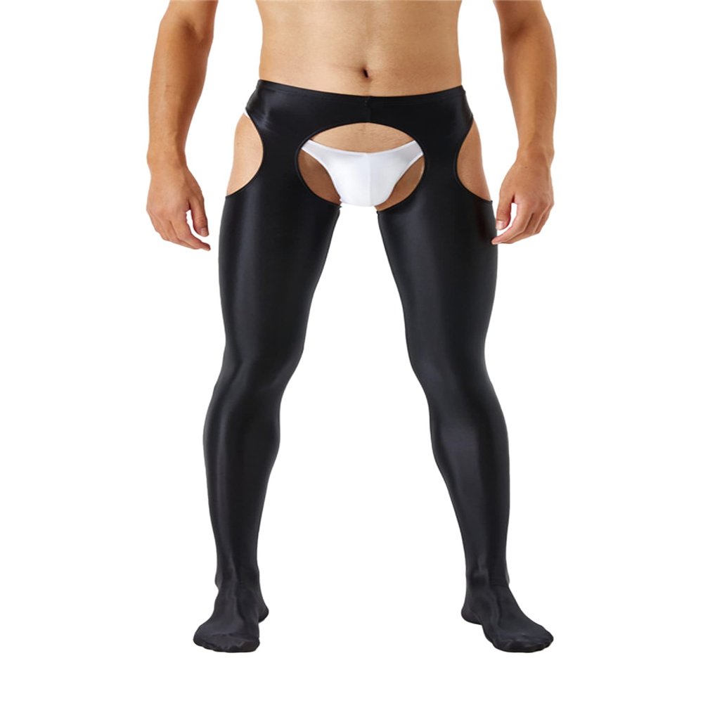 YiZYiF Men's 70D Glossy Compression Long Pants Hollow Out Tights Trousers Full-Length Pantyhose Black X-Large