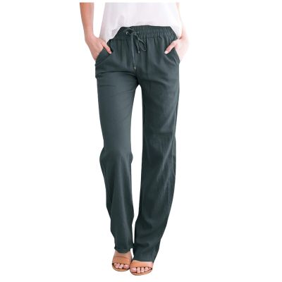 Wide Leg Linen Pants for Women High Waisted Stretch Workout Joggers Relax Fit Sports Hippie Boho Capris Crop Pants Dark Gray
