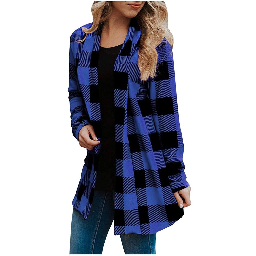 ninRYA Womens Plaid Shirt Fashion Casual Open Front Cardigans Thin Coats Jackets Long Sleeve Blouses Tops Outerwear