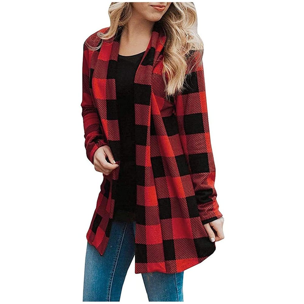 ninRYA Womens Plaid Shirt Fashion Casual Open Front Cardigans Thin Coats Jackets Long Sleeve Blouses Tops Outerwear