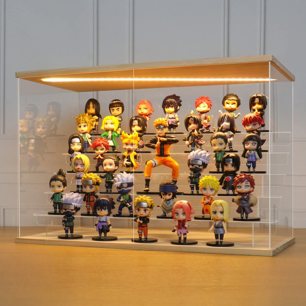LANSCOERY LED Lighted Acrylic Display Case, 6 Tier Display Box for Collectibles and Action Figures, Clear Dustproof Organizer with Wooden Base  22.8x11.9x14.7inch