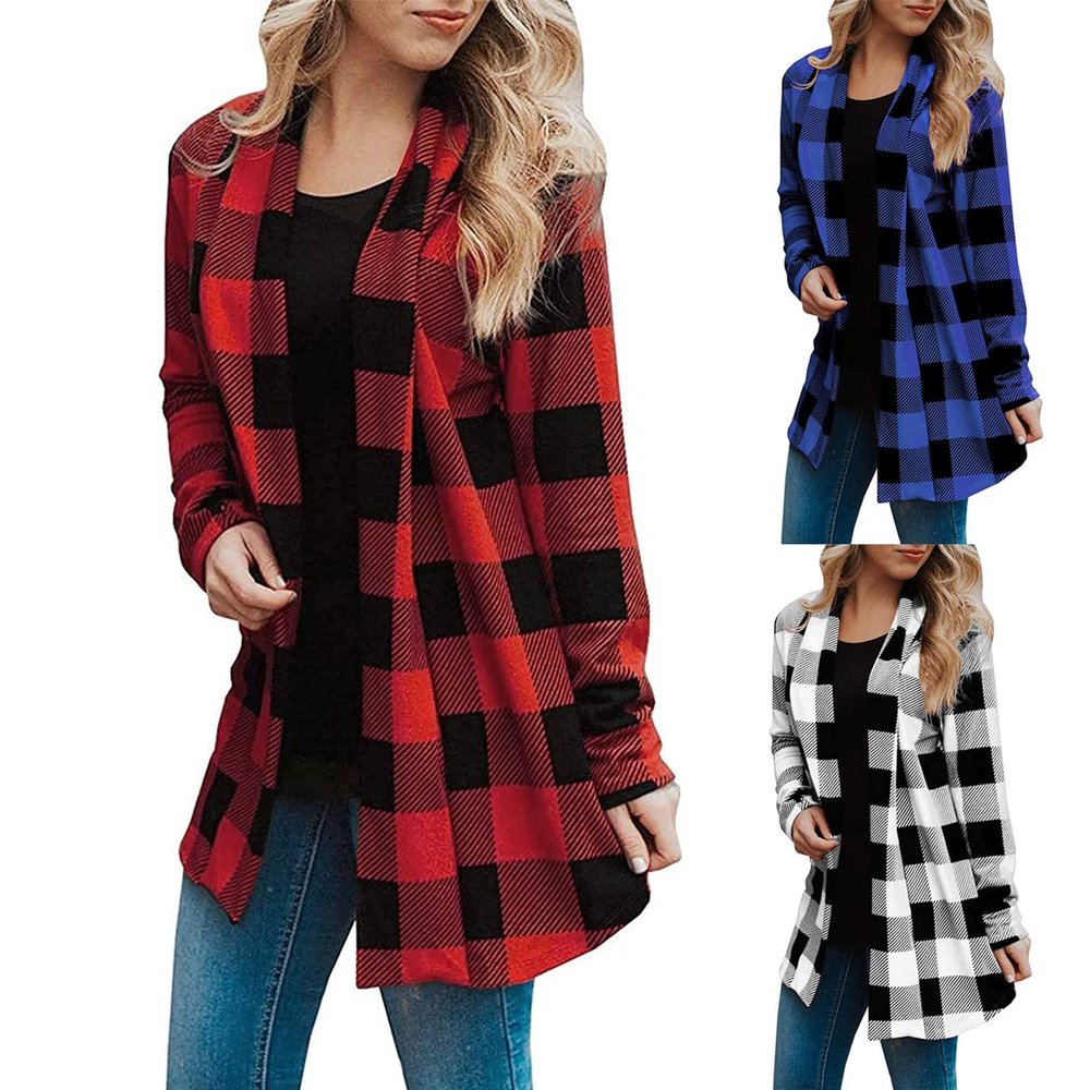 ninRYA Womens Plaid Shirt Fashion Casual Open Front Cardigans Thin Coats Jackets Long Sleeve Blouses Tops Outerwear