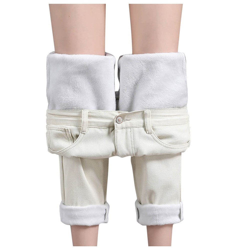 Fleece Lined Leggings Women High Waisted Thick Warm Soft Thermal Hiking Yoga Pants Lounge Pants Fluffy Sleepwear Beige