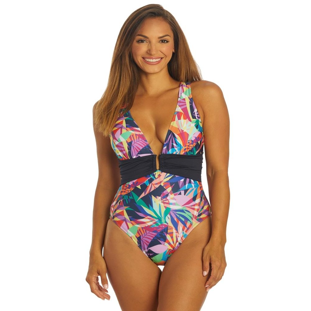 Dolfin Women's Print Contemporary Deep V-Neck 1-Piece Las Palmas 10
