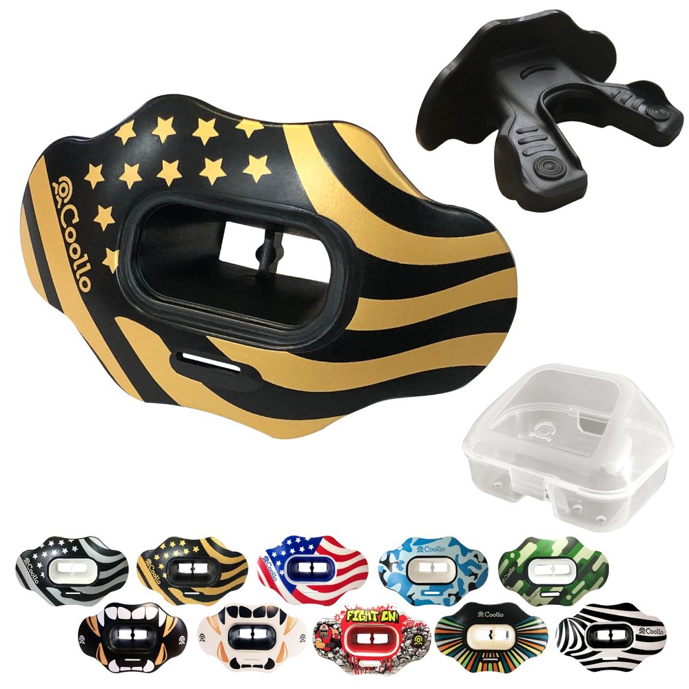 COOLLO SPORTS Lip Guard Mouthguard MAXX/Might Football and High Impact Sports Lip Protector for Adults & Youth (Strap Included) (American Flag -Gold -(One Layer), with Case (Adult 8+))