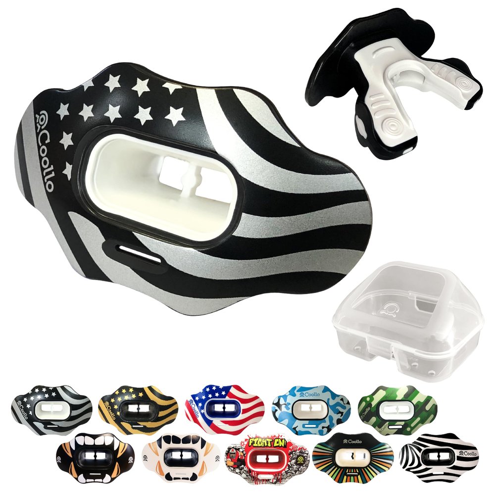 COOLLO SPORTS Lip Guard Mouthguard MAXX/Might Football and High Impact Sports Lip Protector for Adults & Youth (Strap Included) (American Flag -Silver -(Two Layers), with Case (Adult 8+))