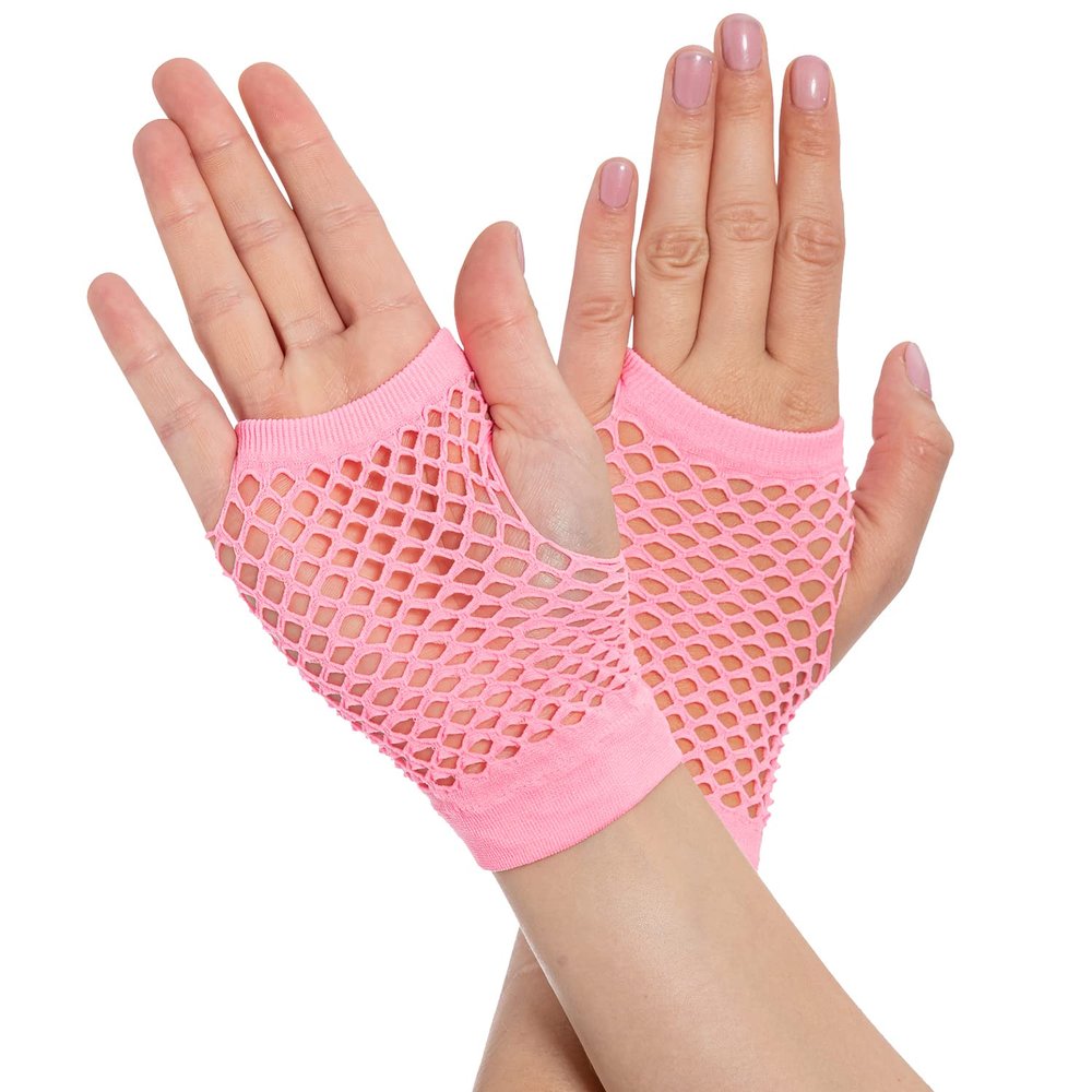 Lastclream 80s Short Fishnet Gloves for Women Cosplay Costume Party Accessories Fingerless Mesh Fishnet Glove (Pink)