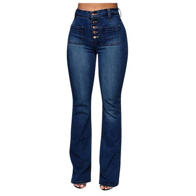 Women's Flare Bell Bottom Jeans Destroyed Elastic Waist Totally Shaping Slim Fit Hem Denim Flared Pants