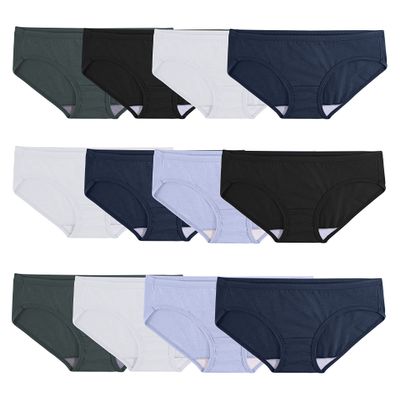 Fruit of the Loom Women's Eversoft Cotton Hipster Underwear, Tag Free & Breathable, Hipster - 12 Pack - White/Black/Blue, 5