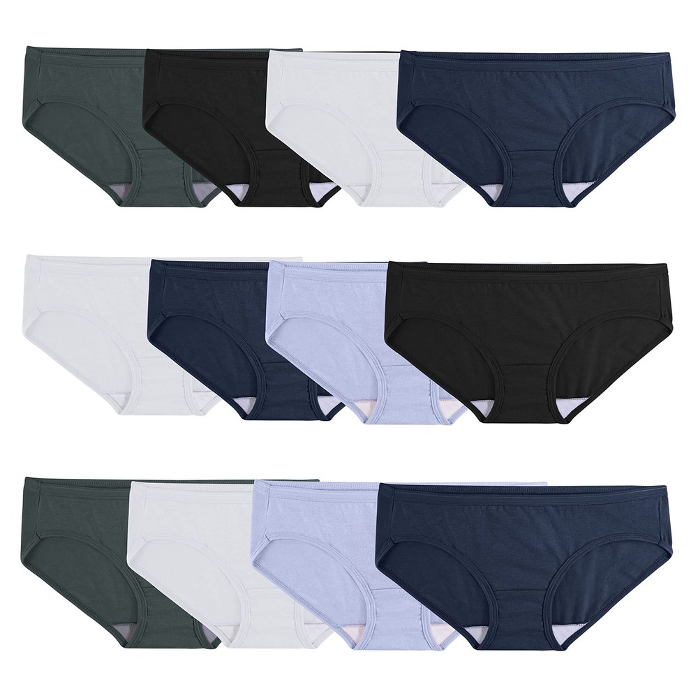 Fruit of the Loom Women's Eversoft Cotton Hipster Underwear, Tag Free & Breathable, Hipster - 12 Pack - White/Black/Blue, 5