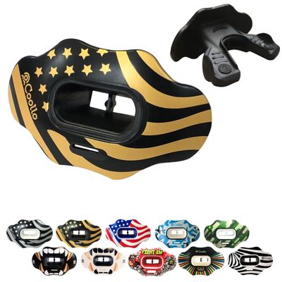 COOLLO SPORTS Lip Guard Mouthguard MAXX/Might Football and High Impact Sports Lip Protector for Adults & Youth (Strap Included) (American Flag -Gold -(One Layer), Without Case (Adult 8+))