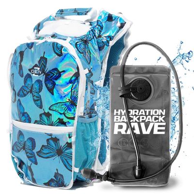 RAVERUNNER Hydration Backpack Rave Festival Approved Hydration Pack with 2L Bladder, Chest Pockets, Anti-Theft Storage Rave Camelback Style Festival Bag for EDC (Radiant Monarch)