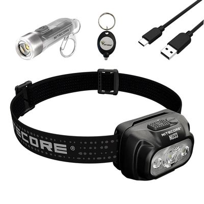 Nitecore NU33 Triple Output USB-C Rechargeable Headlamp- 700 Lumens w/Nitecore TIKI GITD 300 Lumens Keychain and Eco-Sensa Keychain Light
