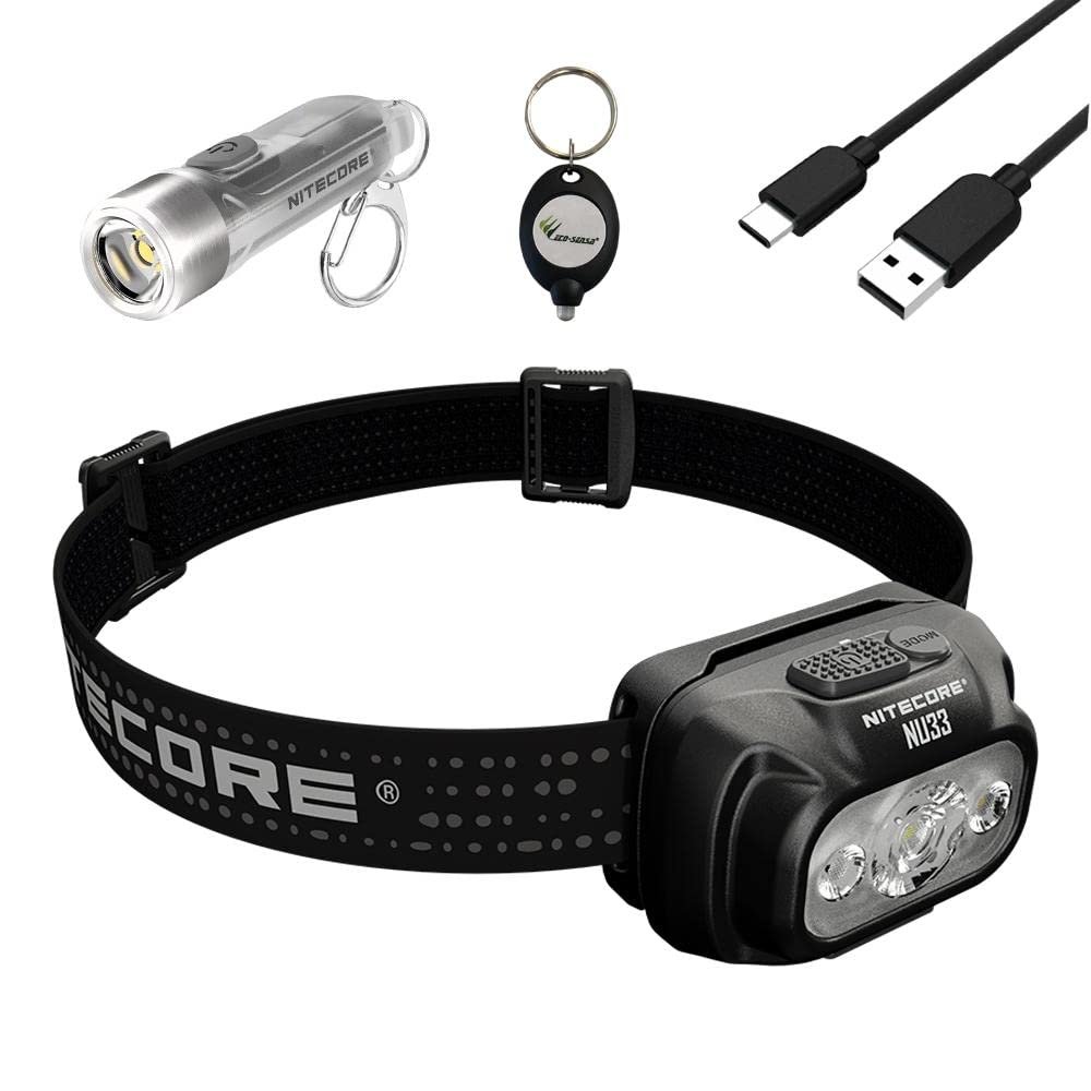 Nitecore NU33 Triple Output USB-C Rechargeable Headlamp- 700 Lumens w/Nitecore TIKI GITD 300 Lumens Keychain and Eco-Sensa Keychain Light