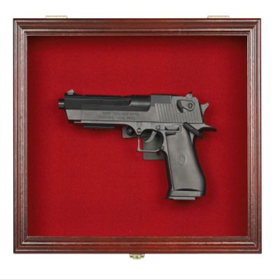 Single Handgun Pistol Revolver Gun Display Case Wall Mount Lockable Red Felt Cabinet w/ 98% UV Protection Acrylic Door Gun Shadow Box Stand Rack Holder (Mahogany Finish Frame)