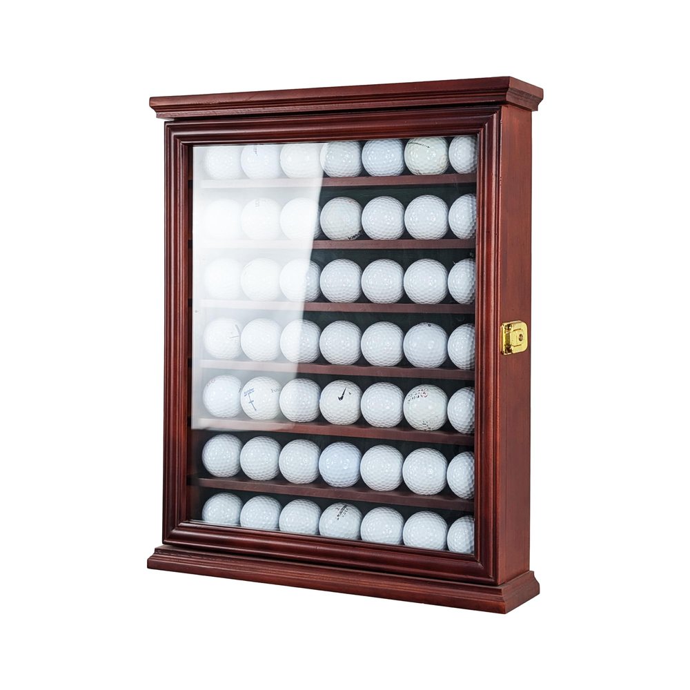 7-Shelf Golf Ball Display Case in Solid Pine Wood with UV Protection and Lockable Glass Door for Organizing and Showcasing Golf Memorabilia