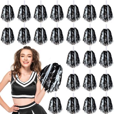 Hanaive 24 Pcs Pom Poms Cheerleading Cheerleader Spirited Cheer Baton Handle Metallic Foil for Sports Team Party Dance Cheering(Black, White)