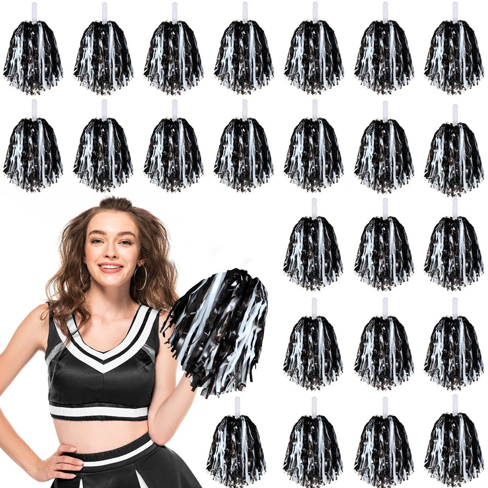Hanaive 24 Pcs Pom Poms Cheerleading Cheerleader Spirited Cheer Baton Handle Metallic Foil for Sports Team Party Dance Cheering(Black, White)