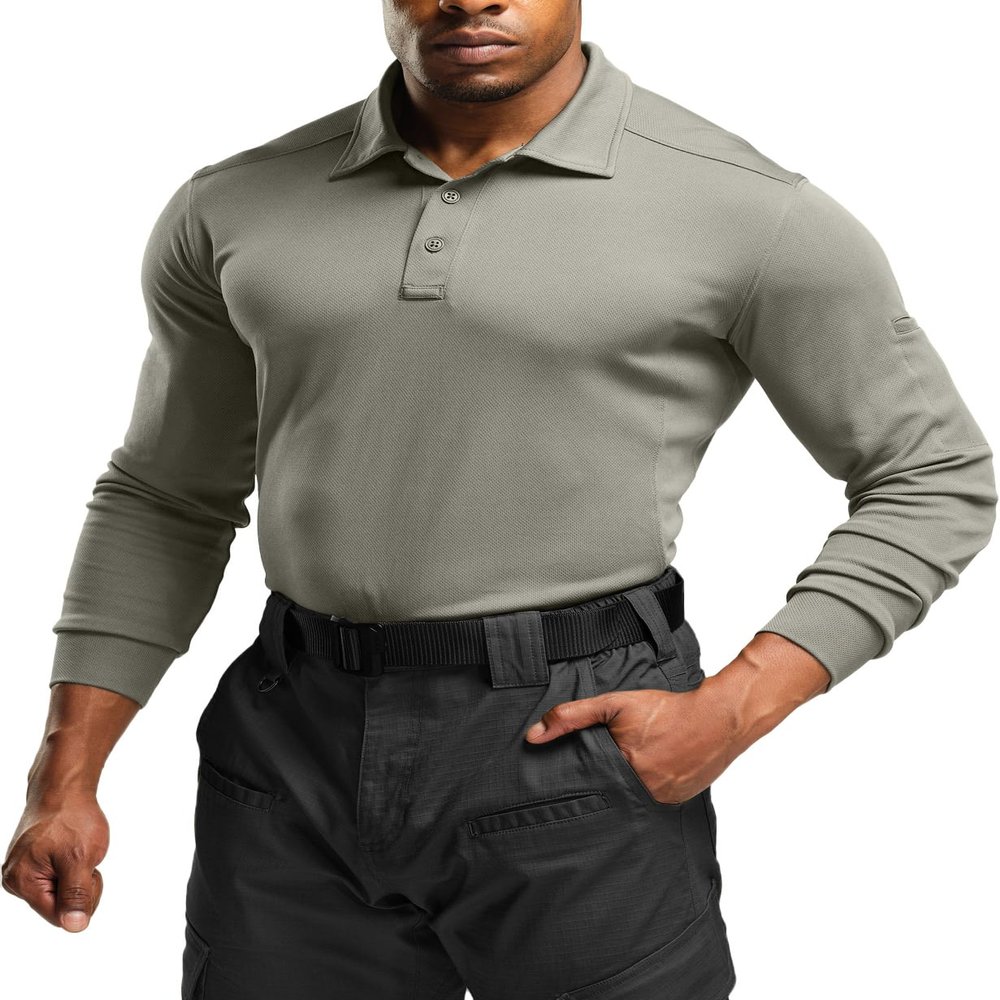 CQR Men's Polo Shirt, Long Sleeve Tactical Shirts, Outdoor UPF 50+ Pique Shirt, Dry Fit Lightweight Golf Shirts, Frost Essential Long Light Grey, X-Large