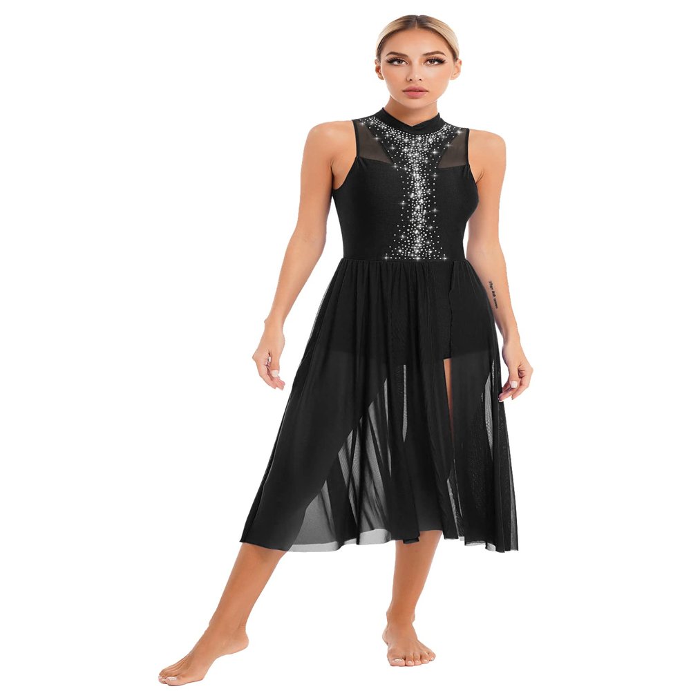 FEESHOW Women's Sparkly Rhinestone Side Split Maxi Dresses Lyrical Dance Costume Contemporary Dancewear Mock Neck Black XX-Large