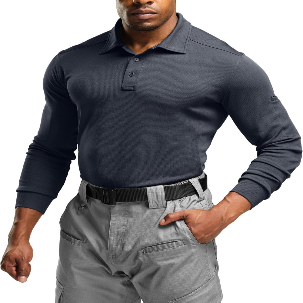 CQR Men's Polo Shirt, Long Sleeve Tactical Shirts, Outdoor UPF 50+ Pique Shirt, Dry Fit Lightweight Golf Shirts, Frost Essential Long Charcoal, Small