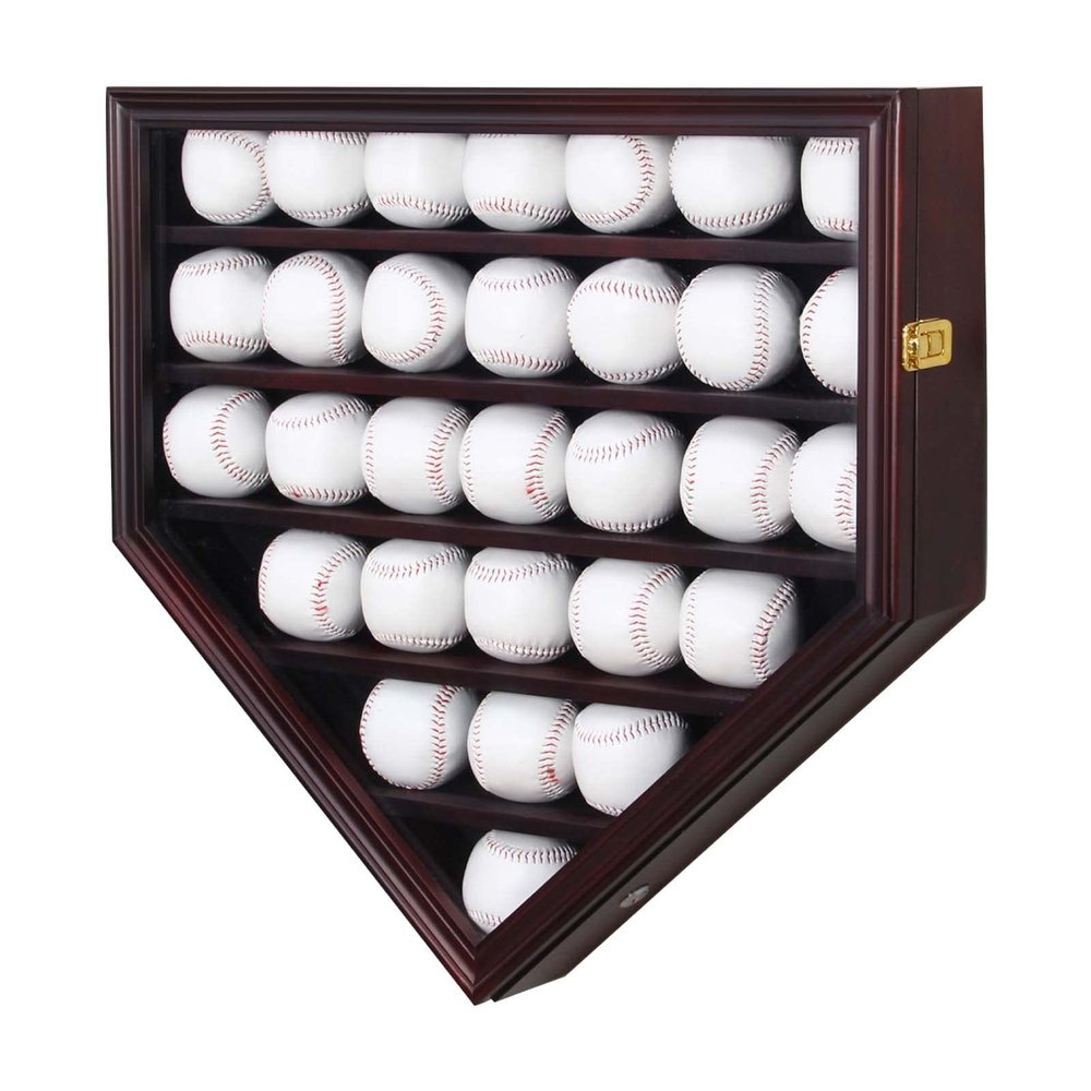 ARRAWIS Baseball Display Case, 30 Solid Wood Baseball Display Holder, Large Capacity and Double Lock Wall Mount Baseball Shadow Box Display Rack with Anti Fade Acrylic Glass Door, Mahogany Finish