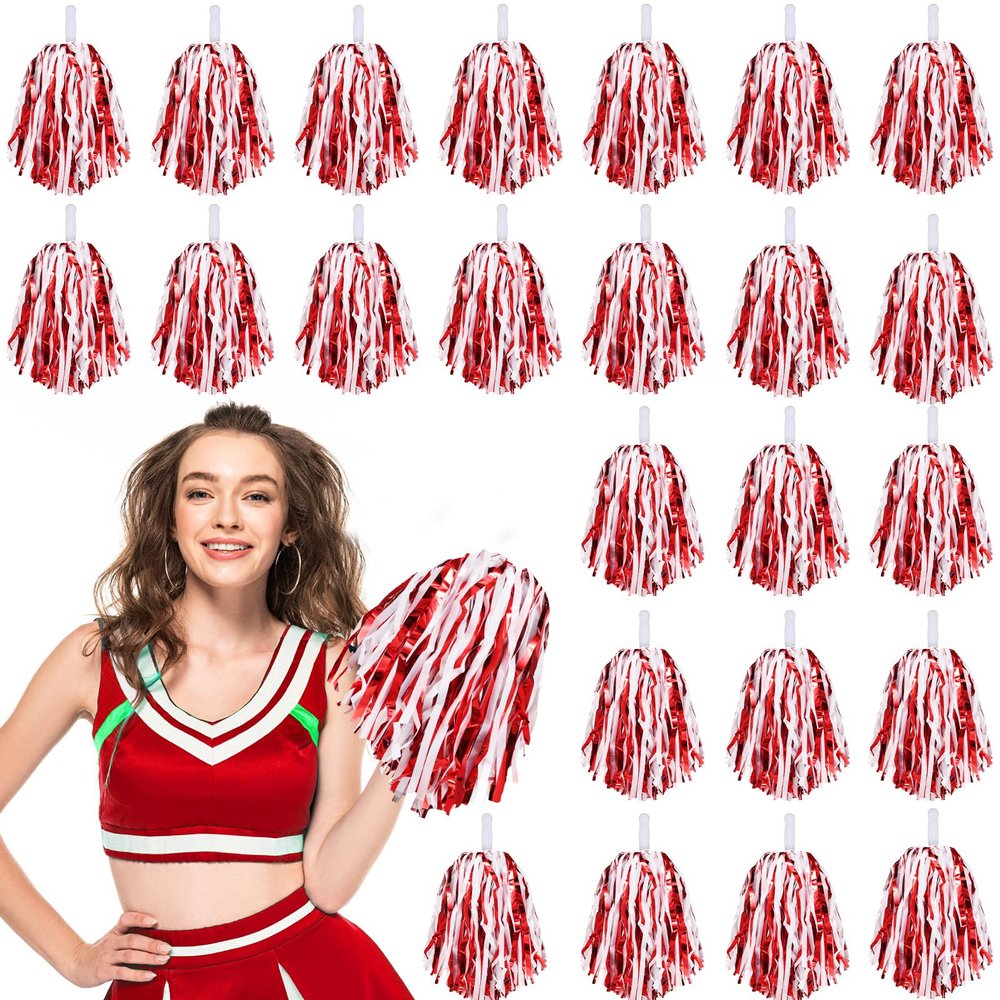 Hanaive 24 Pcs Pom Poms Cheerleading Cheerleader Spirited Cheer Baton Handle Metallic Foil for Sports Team Party Dance Cheering(Red, White)