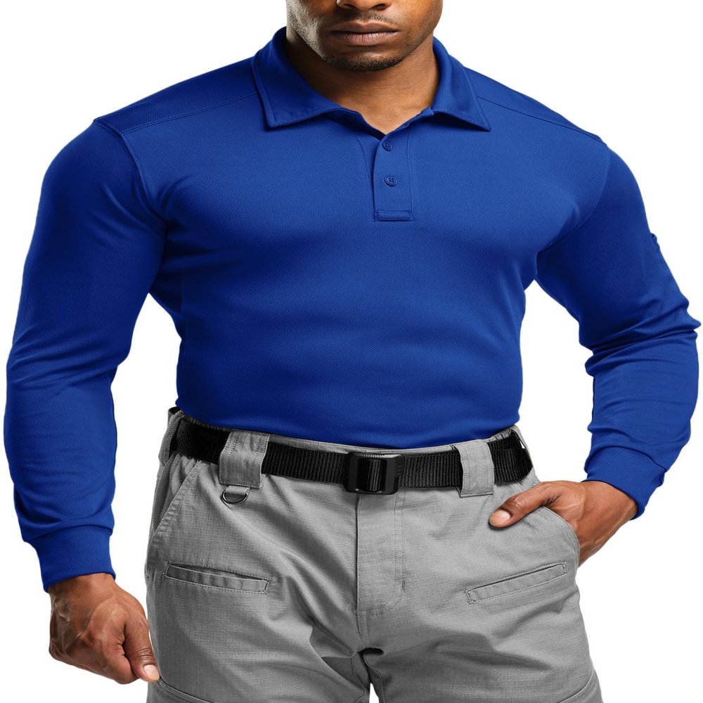 CQR Men's Polo Shirt, Long Sleeve Tactical Shirts, Outdoor UPF 50+ Pique Shirt, Dry Fit Lightweight Golf Shirts, Frost Essential Long Cobalt Blue, Medium