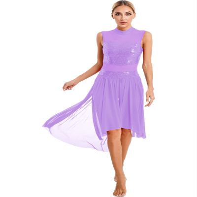 FEESHOW Women's Lyrical Dance Costumes Contemporary Dance Costumes Shiny Sequin Dance Dresses Ballet Leotard Dresses Strappy Light Purple X-Large
