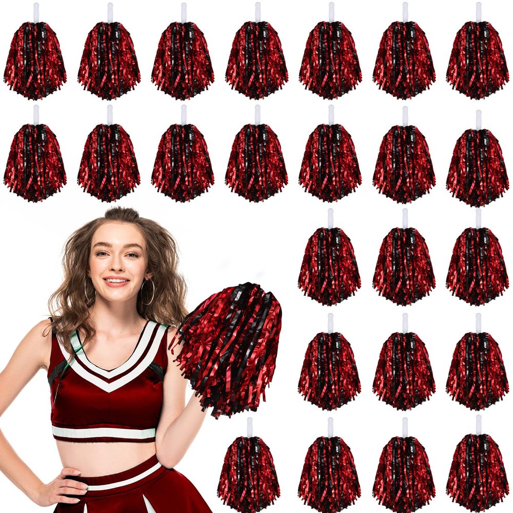 Hanaive 24 Pcs Pom Poms Cheerleading Cheerleader Spirited Cheer Baton Handle Metallic Foil for Sports Team Party Dance Cheering(Black, Red)