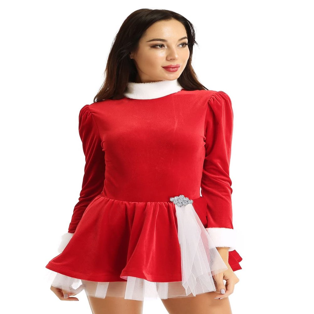Sywiyi Chirstmas Figure Skating Dance Costume for Women Mrs. Santa Claus Role Play Velvet Leotard Dress Red X-Large